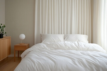 Minimalist bedroom with light curtains blowing in the breeze and soft natural tones throughout 