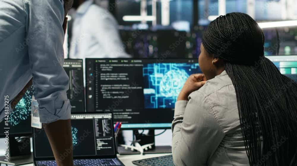 Poster data center manager supervising worker deploying ai solutions optimizing equipment. server farm supe