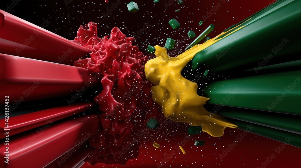 Poster abstract 3d render of red yellow and green liquid collision splashing dynamic energy