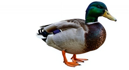 Obraz premium Vibrant Mallard Duck with Orange Feet Isolated on a White Background Showcasing Green Head Brown Chest and Patterned Back Feathers Detail in Side Profile Perfect for Wildlife and Educational Content