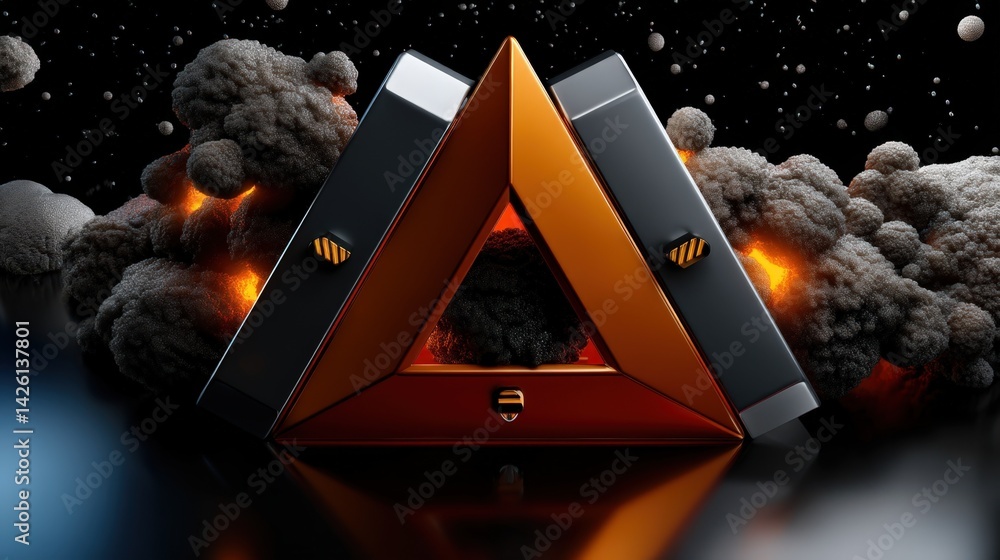 Poster abstract triangle shape in explosion fiery black orange metallic design 3d render