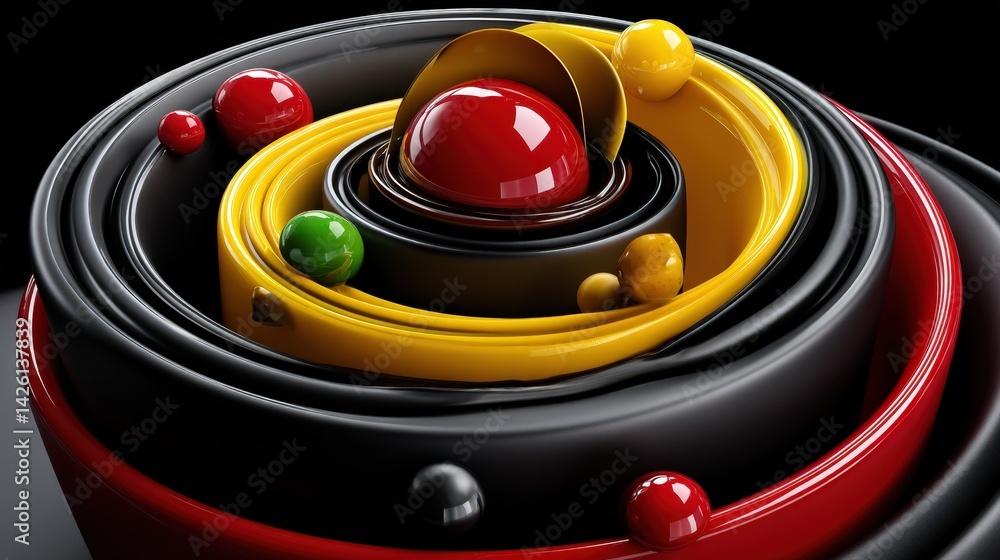 Poster abstract 3d rendering of colorful shiny spheres in circular swirling pattern