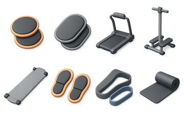 Fitness equipment icon set - 3d style gym and workout symbols for exercise and training: dumbbell, treadmill, yoga mat, resistance band, step platform, jump rope, balance board, kettlebell