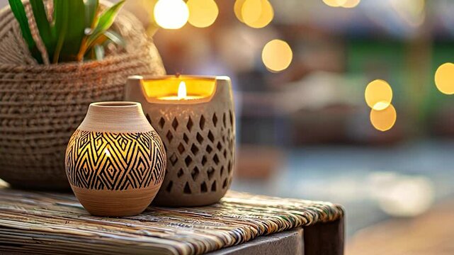 Cozy evening setup with decorative candles and pottery on a wooden table amidst soft bokeh lights