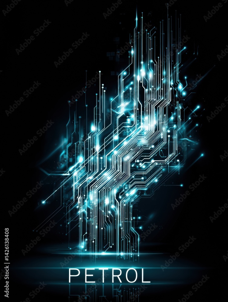 Poster Petrol Symbol Illuminated by Glowing Circuit Lines Representing Energy Technology Innovation in a Futuristic Setting