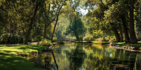 Peaceful pond scene with a wooden bridge nestled amongst lush green trees, reflecting tranquil water, showcasing serenity and natural beauty