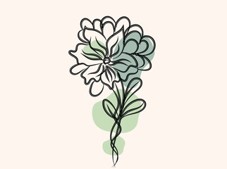 Elegant Line Art Flower with Abstract Green Shapes
