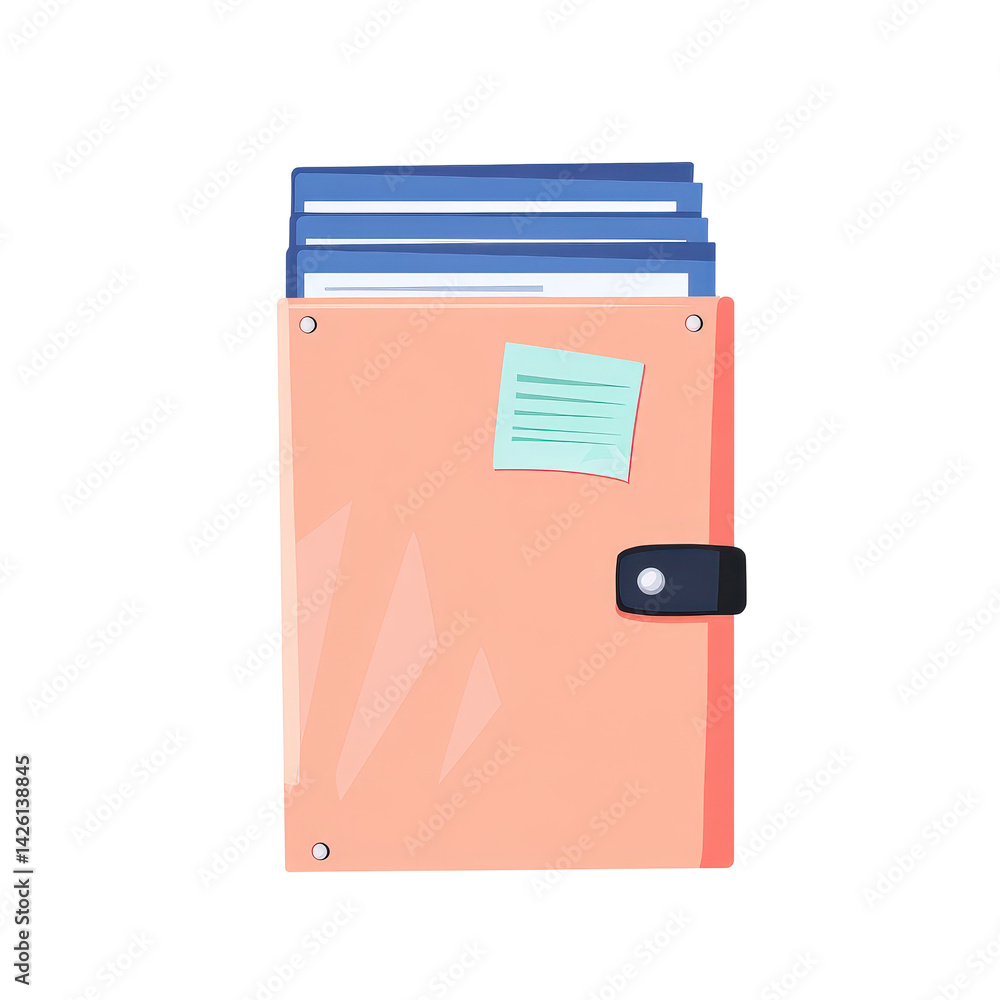 Poster orange file folder with documents and blank sticky note on top