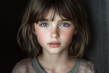 Fototapeta premium Striking close-up of a young girl with expressive blue eyes and soft features in a warm indoor setting during late afternoon light
