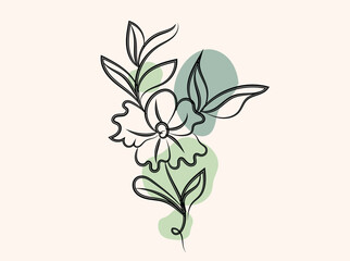 Elegant Minimalist Line Art Flower with Abstract Green Shapes