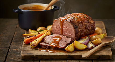 Succulent Roasted Beef Dinner Displayed On Rustic Wooden Board