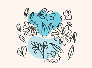 Elegant Black Line Art Flowers and Leaves on Pastel Background