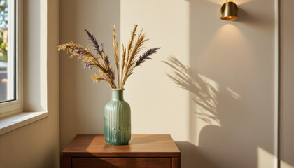 Modern interior design architecture photography: A brass wall sconce casts a warm glow on a beige wall next to a wooden side table holding a vase with dried grasses and flowers, creating a serene an