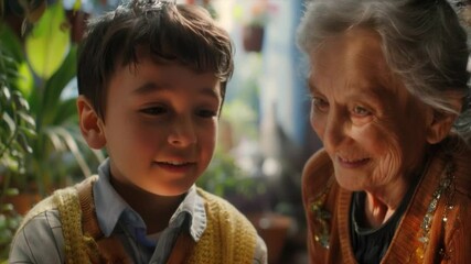 The video with a boy and an elderly woman looking at each other is suitable for social projects, advertising of family values, educational programs.
