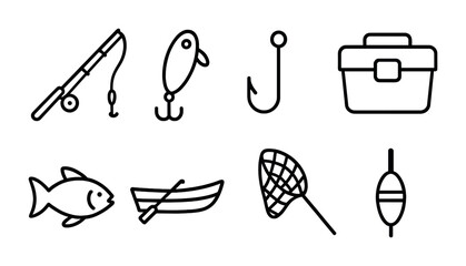 Fishing essentials icon set: linear style with rod, lure, and more