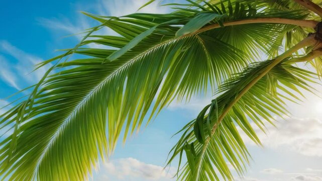Green branch of palm tree directed downward resembling an arrow against a sky with clouds at the beach