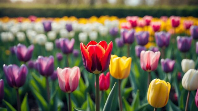 Beautiful panoramic view of tulip flowers blossoming in a field, floral backdrop, decor.