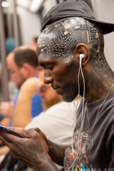 Bald Man with Circuit  Board Tattoo on Head Riding the Subway