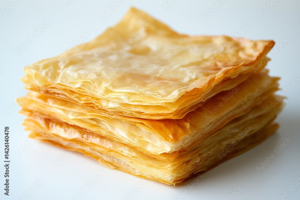 Poster layers of flaky pastry stacked on a white surface showcasing golden-brown color and texture in a kit
