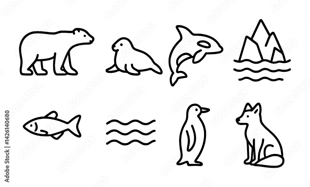 Poster polar themed linear icons set featuring animals and icebergs in simplistic design