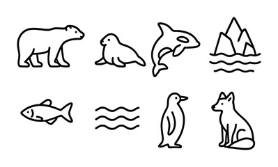Obraz premium Polar themed linear icons set featuring animals and icebergs in simplistic design
