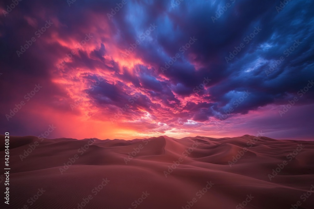 Poster A captivating twilight display unfolds with dark clouds swirling above, light piercing through to create a tense atmosphere over the vast desert landscape