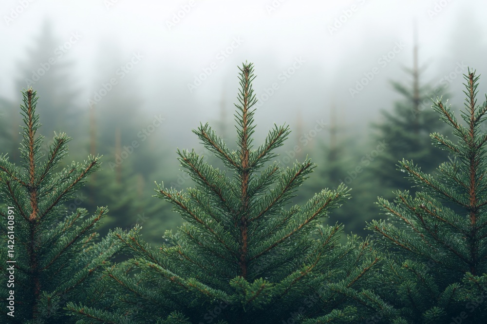 Aufkleber misty forest landscape with evergreen trees in a serene and calm atmosphere during early morning hou