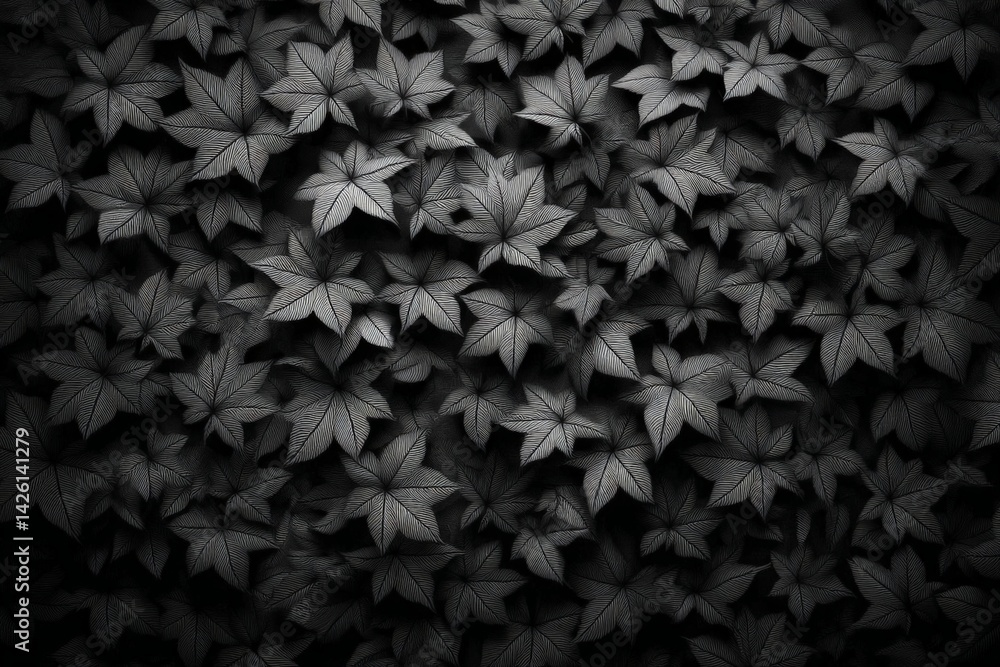 Poster Black and white foliage creates a textured pattern of maple leaves in a dark setting