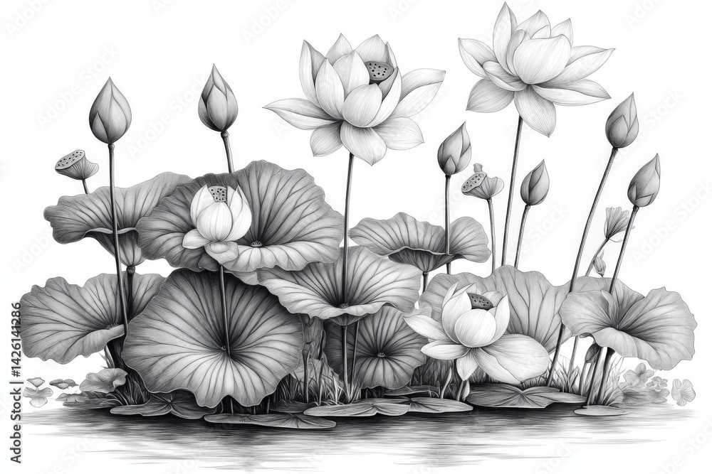 Aufkleber artwork displaying detailed lotus flowers and leaves in grayscale, showcasing intricate designs and 