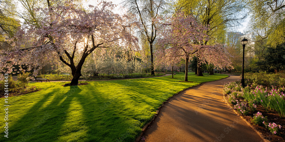 Aufkleber sunrise illuminates a park path bordered by flowering trees and vibrant blooms, creating a serene an