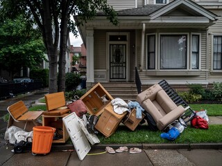 Naklejka premium Pile of discarded furniture and household items on sidewalk in urban neighborhood after spring cleaning