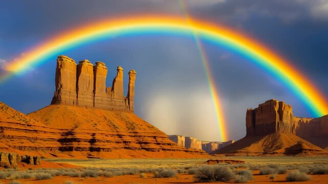 Vibrant rainbow above. Unique geological characteristic. Massive red sandstone formations - outliers.