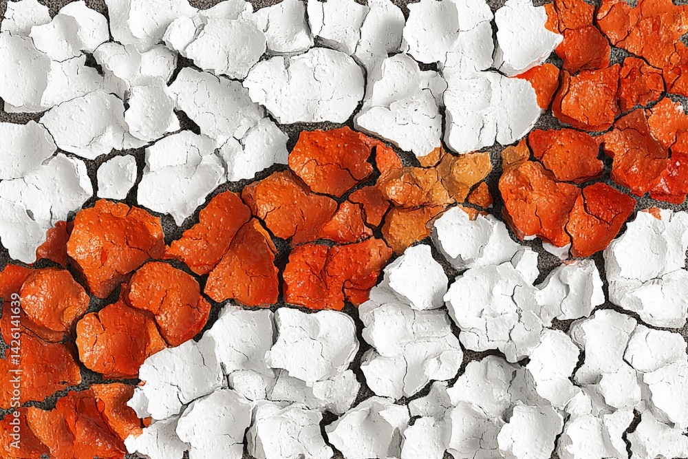 Aufkleber Cracked surface with white and orange patterns in a close-up view showcasing texture and details in a vibrant display