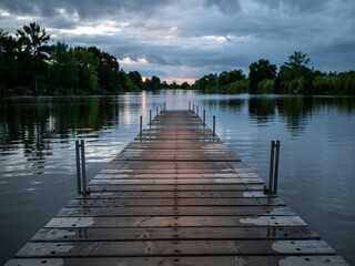 Fototapeta premium Tranquil wooden dock stretching over calm water at sunset with dramatic skies and reflections in the serene landscape