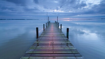 Naklejka premium Dock stretches into calm water at dawn with soft light reflecting on tranquil surface