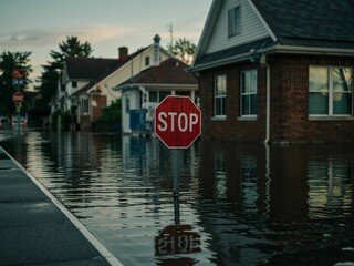 Flooded street with a stop sign reflecting in water near residential houses at dusk