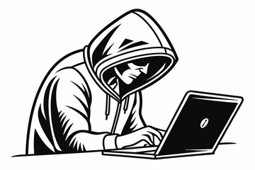 A minimalist black and white outline illustration of a hooded figure working on a laptop