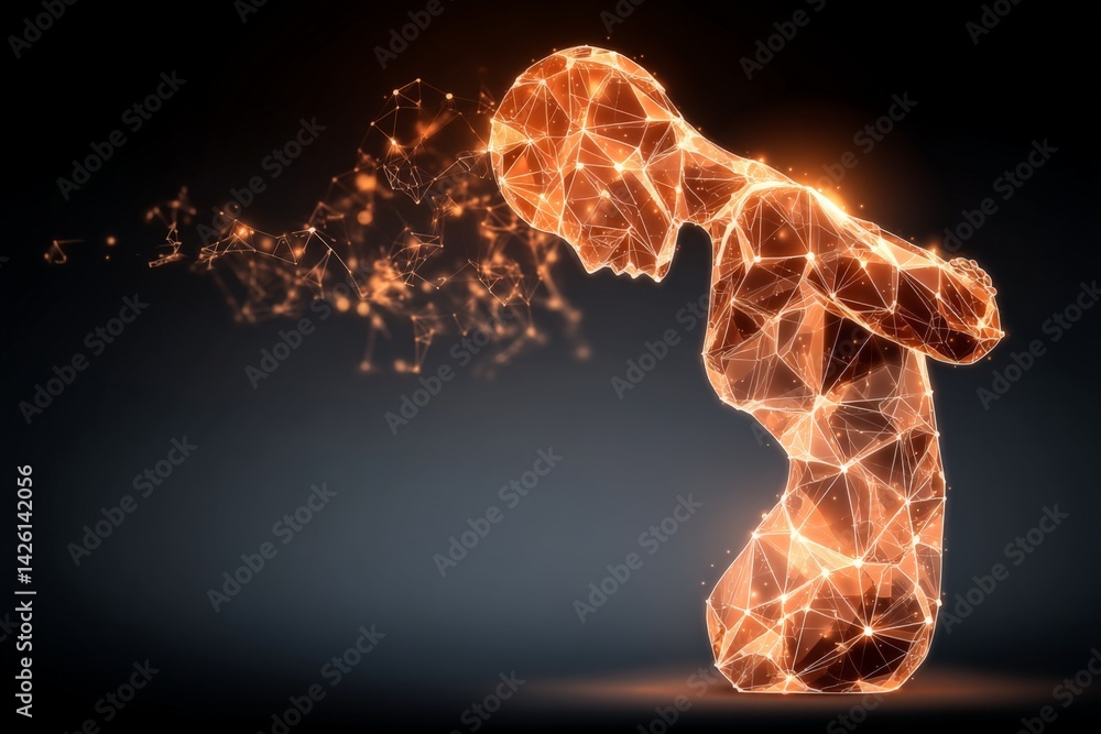 Aufkleber Digital representation of human form kneeling, surrounded by glowing particles, symbolizing emotion and transformation in a dark setting