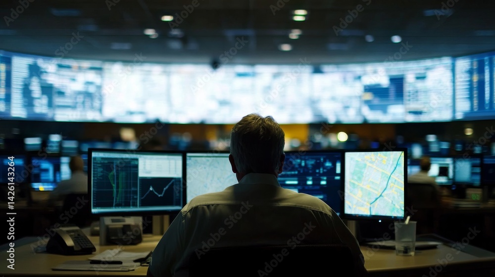 Poster In a dimly lit network operations center, a lone technician monitors various data streams and maps on large screens, creating a focused work environment