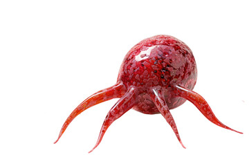 3D rendering of a red cancer cell with tentacle-like extensions isolated on a transparent background. Scientific and medical themed image, awareness, research or educational purposes.