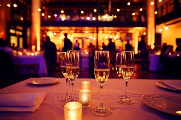 Elegant champagne flutes are arranged on a festive table surrounded by warm ambient lighting, creating a joyful atmosphere for New Year's Eve celebrations