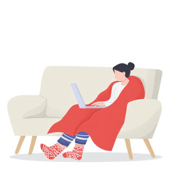 Cozy Woman with Laptop on Sofa in Warm Socks and Blanket