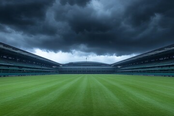 Dark clouds loom over an empty sports stadium in anticipation of an upcoming match