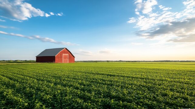 A striking red barn stands alone in a rich green field, framed by a clear blue sky and soft white clouds, evoking a peaceful rural setting