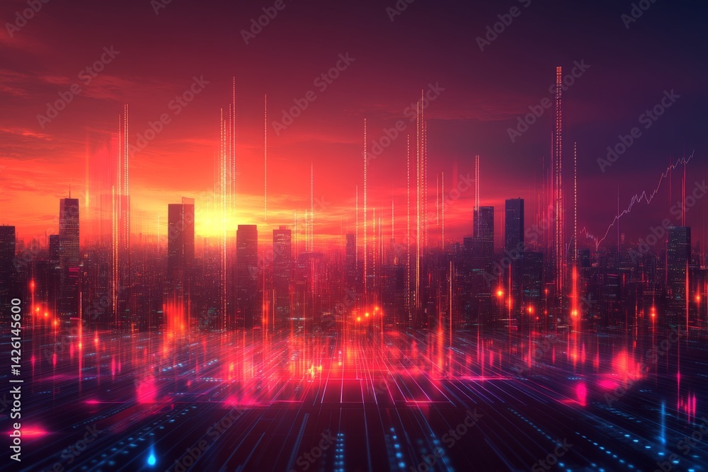 Poster city skyline illuminated by vibrant digital patterns at sunset with data analytics visualizations