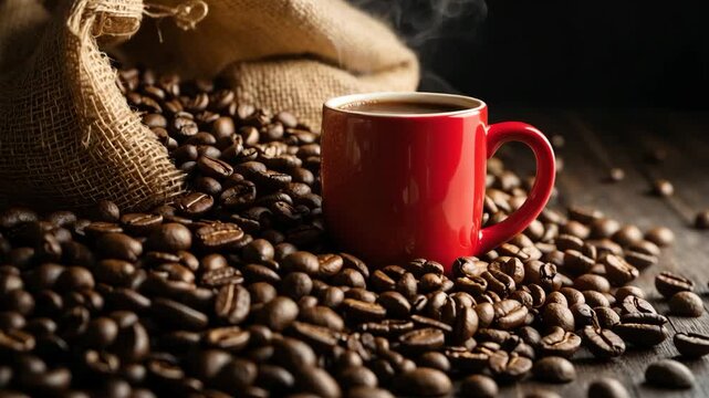 Red coffee mug with steaming coffee against a backdrop of spilled coffee beans on the table
