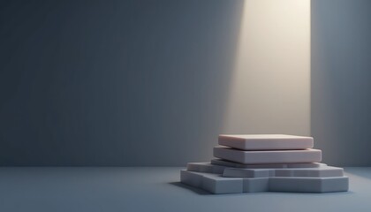 Illuminated minimalist stacked blocks studio 3d render modern aesthetic low angle abstract art exploration
