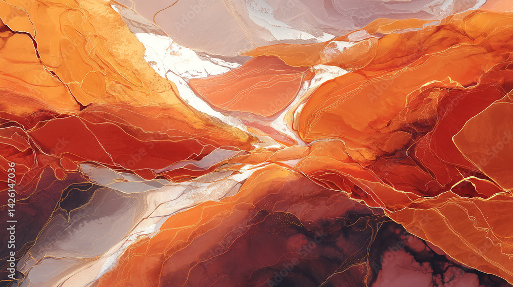 Poster abstract art featuring orange, brown, and gold hues in a flowing, textured pattern, suggesting a lan