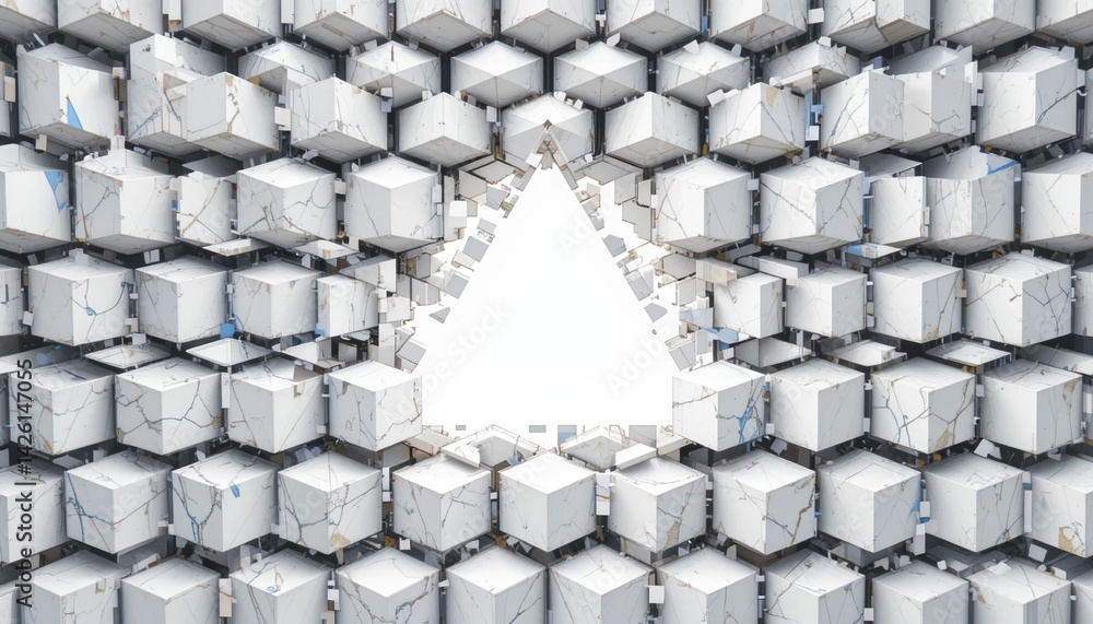 Poster breaking through abstract shapes and cubes digital art installation virtual space futuristic environ