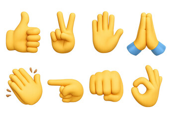Emoji hand gestures icon set – 3d style expressions and communication symbols for digital interaction and messaging: thumbs up, peace sign, open hand, praying hands, clapping